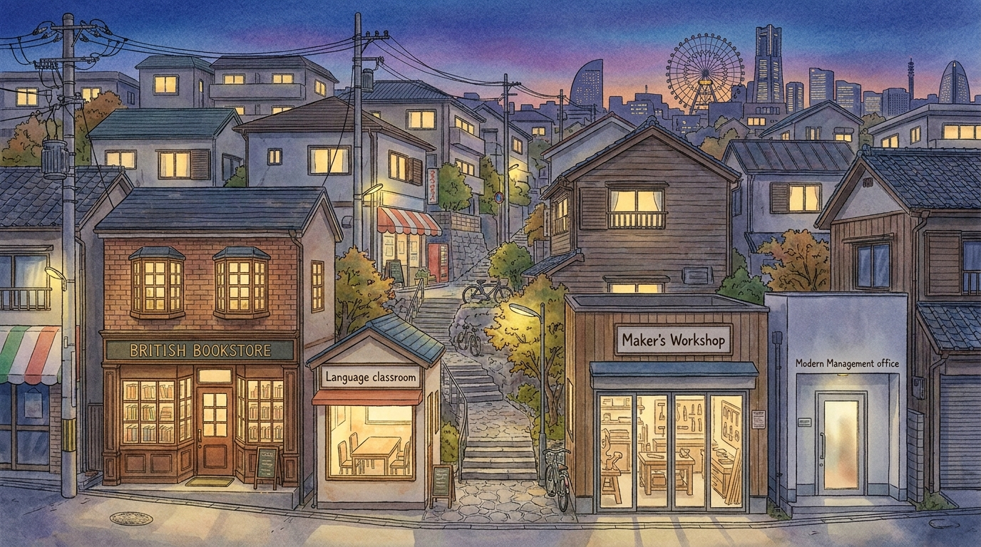 Watercolor Yokohama neighborhood at dusk